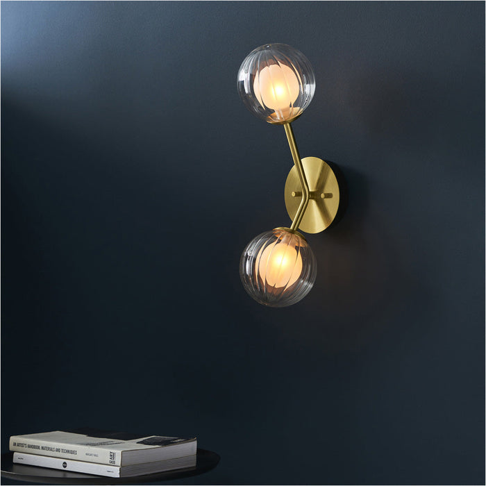 Satin Brass Dimmable Wall Light - 2x Dome Ribbed Glass Shade -  2x 3W LED G9