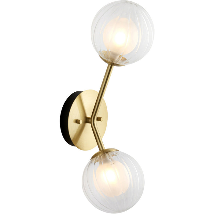 Satin Brass Dimmable Wall Light - 2x Dome Ribbed Glass Shade -  2x 3W LED G9