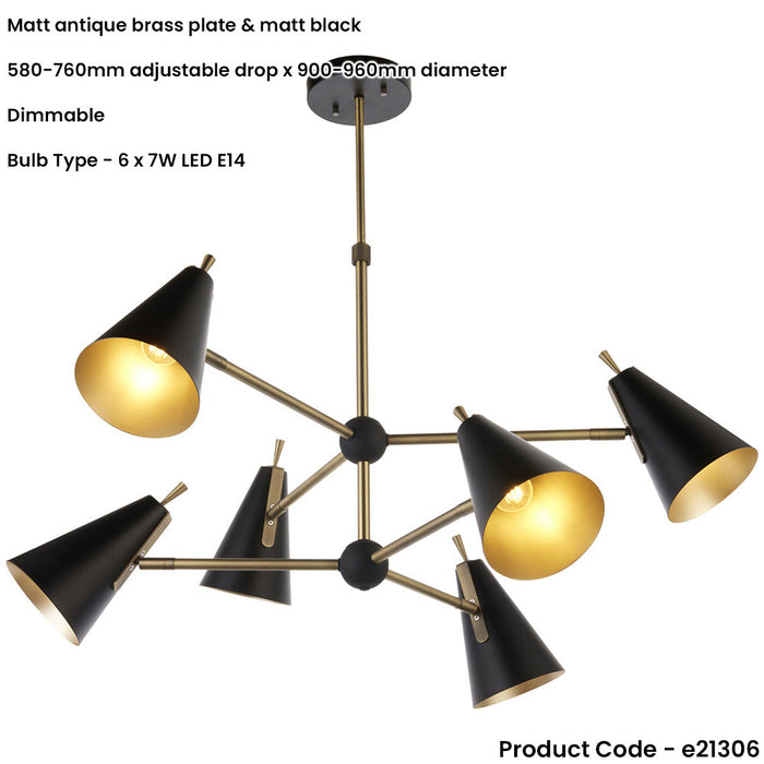 Multi Arm Hanging Ceiling Pendant Light - Matt Antique Brass Plate & Matt Black Shade - 6 x 7W LED E14