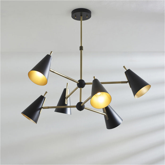 Multi Arm Hanging Ceiling Pendant Light - Matt Antique Brass Plate & Matt Black Shade - 6 x 7W LED E14