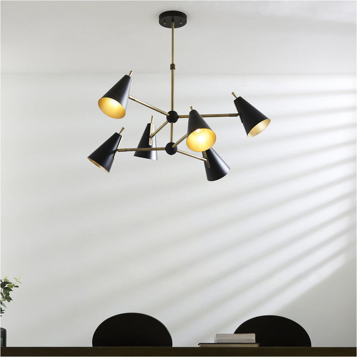 Multi Arm Hanging Ceiling Pendant Light - Matt Antique Brass Plate & Matt Black Shade - 6 x 7W LED E14