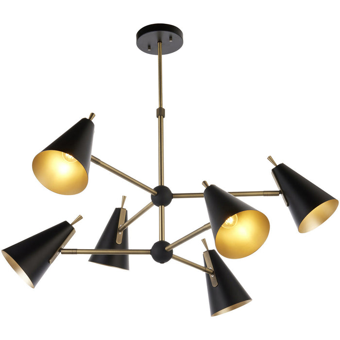 Multi Arm Hanging Ceiling Pendant Light - Matt Antique Brass Plate & Matt Black Shade - 6 x 7W LED E14