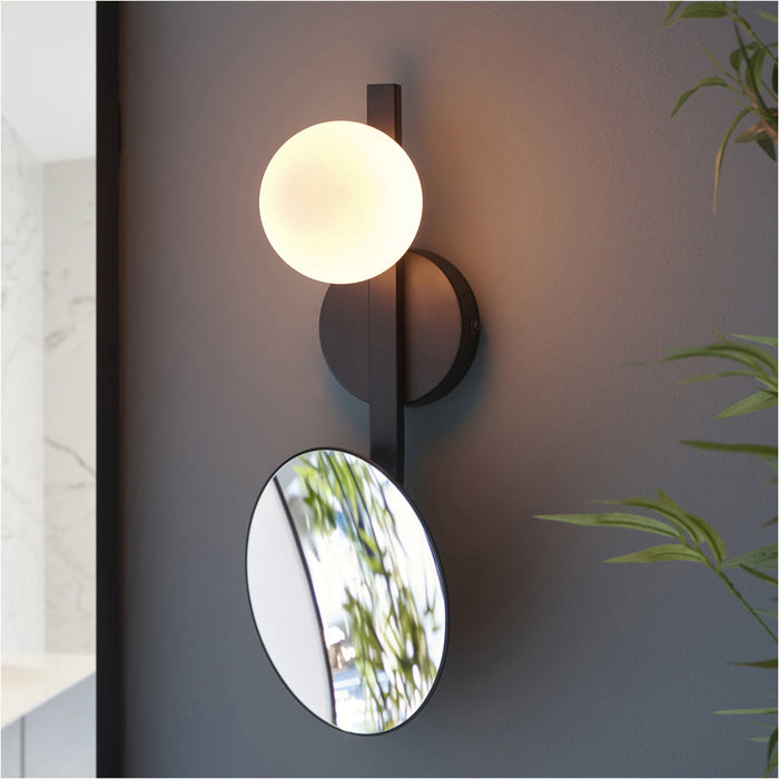 IP44 Bathroom Wall Light - Opal Glass Shade Lamp Matt Black Frame - Mirror Built in