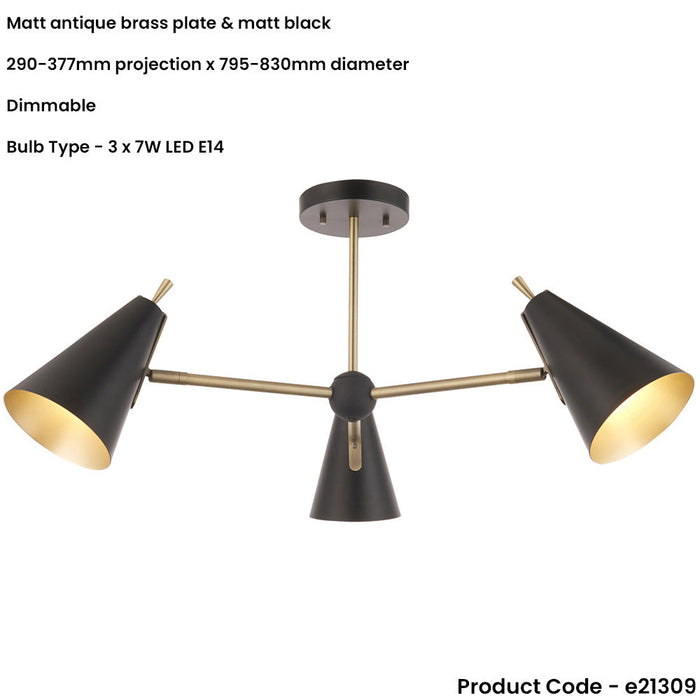 Matt Antique Brass Semi Flush Low Ceiling Light - Matt Black Shade - 3x 7W LED E14