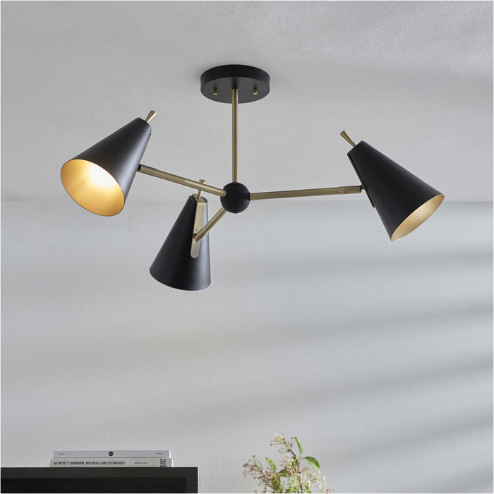 Matt Antique Brass Semi Flush Low Ceiling Light - Matt Black Shade - 3x 7W LED E14