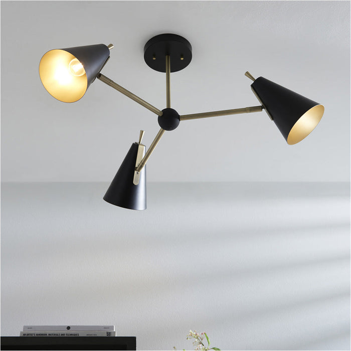 Matt Antique Brass Semi Flush Low Ceiling Light - Matt Black Shade - 3x 7W LED E14