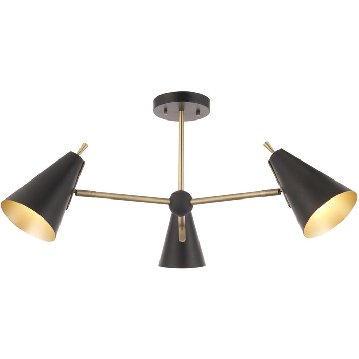 Matt Antique Brass Semi Flush Low Ceiling Light - Matt Black Shade - 3x 7W LED E14