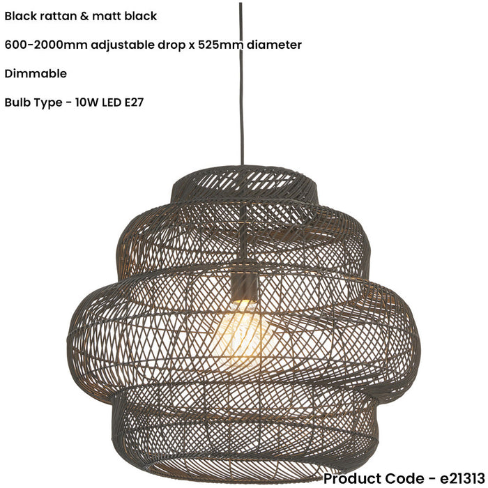 Hanging Ceiling Pendant Light - Large Black Rattan Basket & Matt Black - 10W LED E27