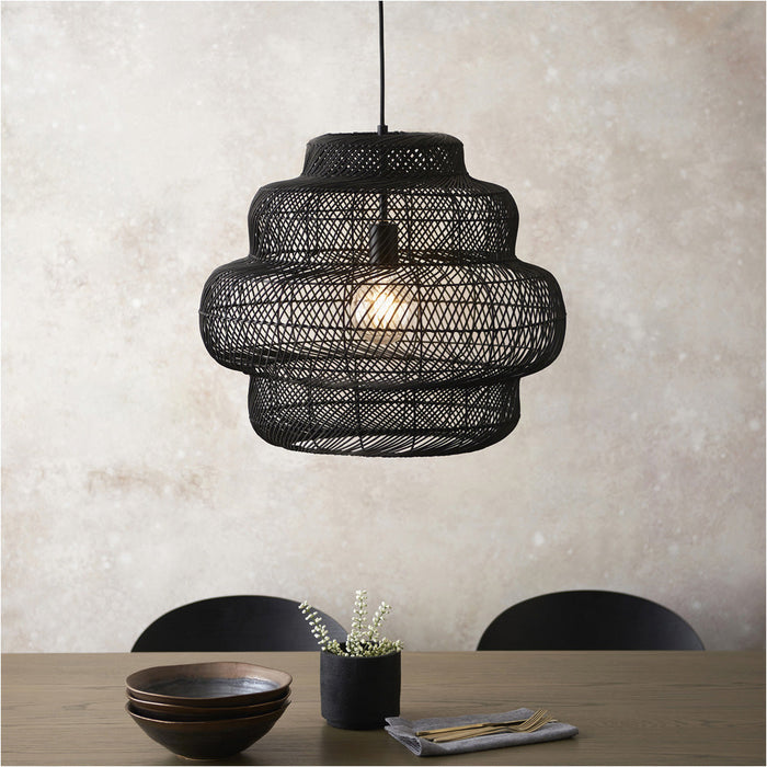 Hanging Ceiling Pendant Light - Large Black Rattan Basket & Matt Black - 10W LED E27