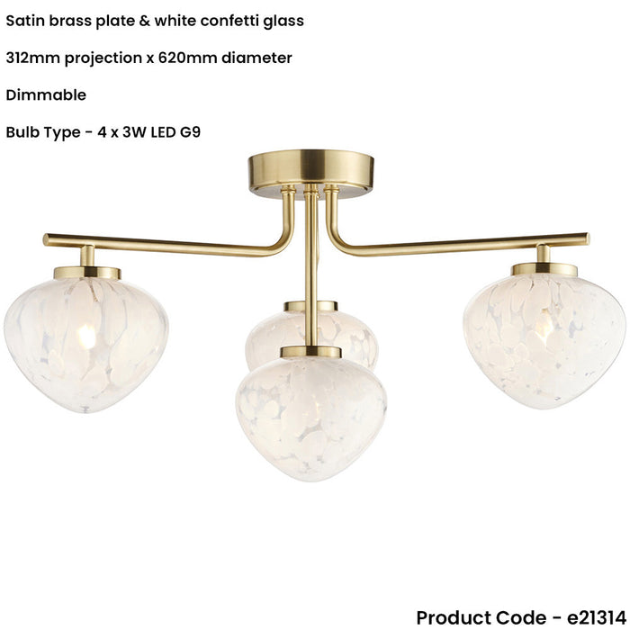 Satin Brass Semi Flush Low Ceiling Light - White Confetti Glass Shade - 4x 3W LED G9