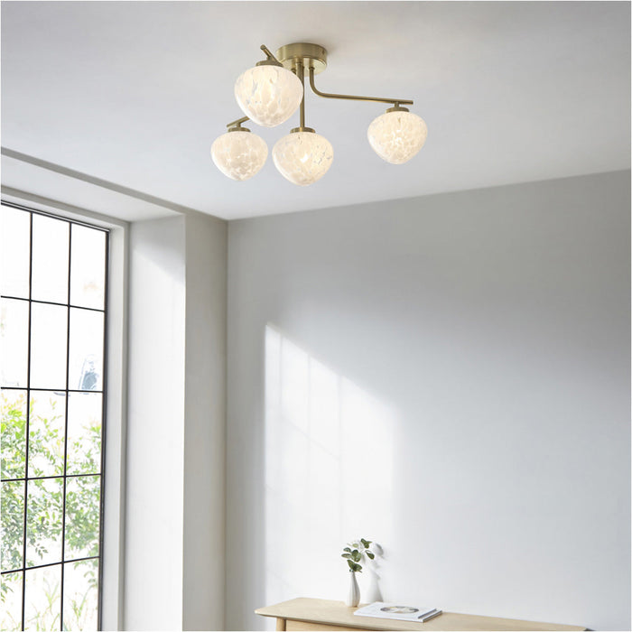 Satin Brass Semi Flush Low Ceiling Light - White Confetti Glass Shade - 4x 3W LED G9