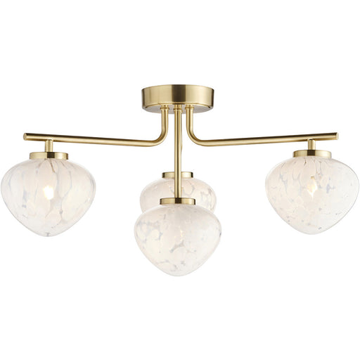 Satin Brass Semi Flush Low Ceiling Light - White Confetti Glass Shade - 4x 3W LED G9