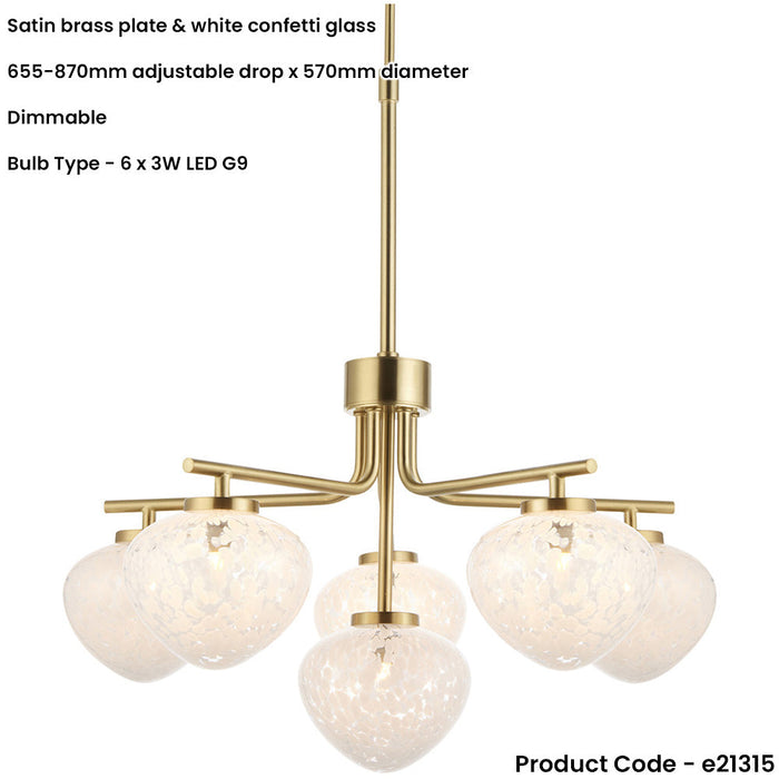 Multi Arm Hanging Ceiling Pendant Light - Satin Brass Plate & White Confetti Glass Shade - 6 x 3W LED G9