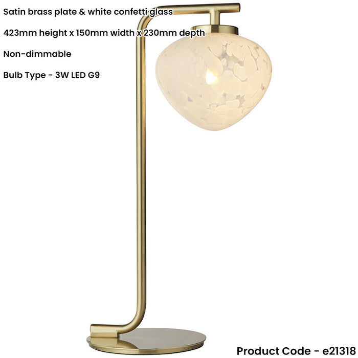 Satin Brass Plate Task Table Lamp - White Confetti Glass Shade - 3W LED G9