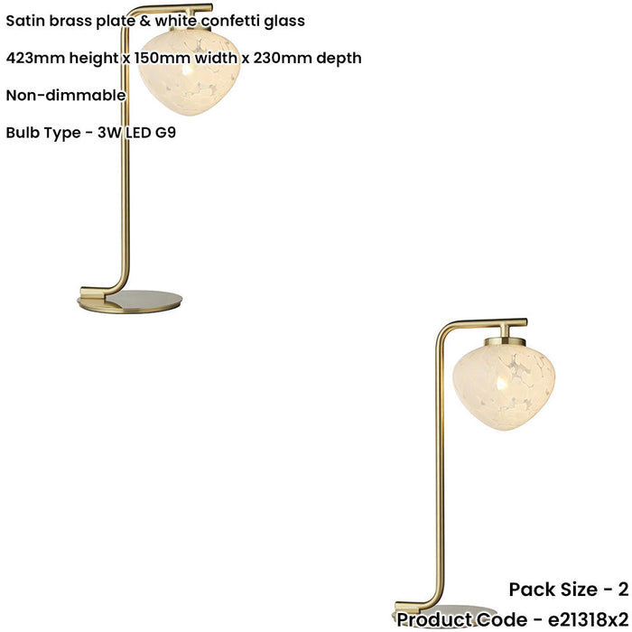 2 PACK Satin Brass Plate Task Table Lamp - White Confetti Glass Shade - 3W LED G9