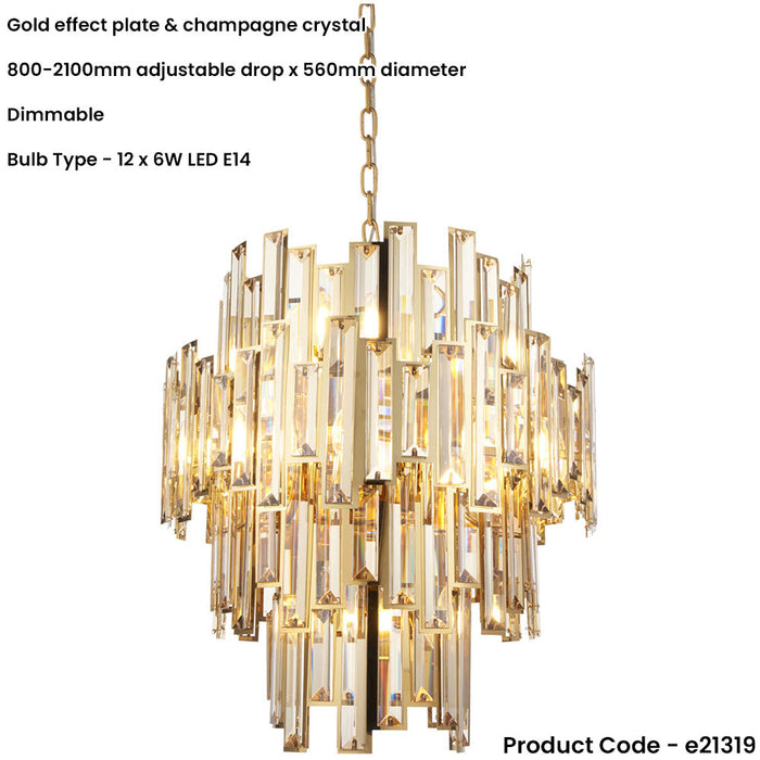 Hanging Ceiling Pendant Light - Gold Effect Plate & Champagne Crystal - 12 X 6W LED E14