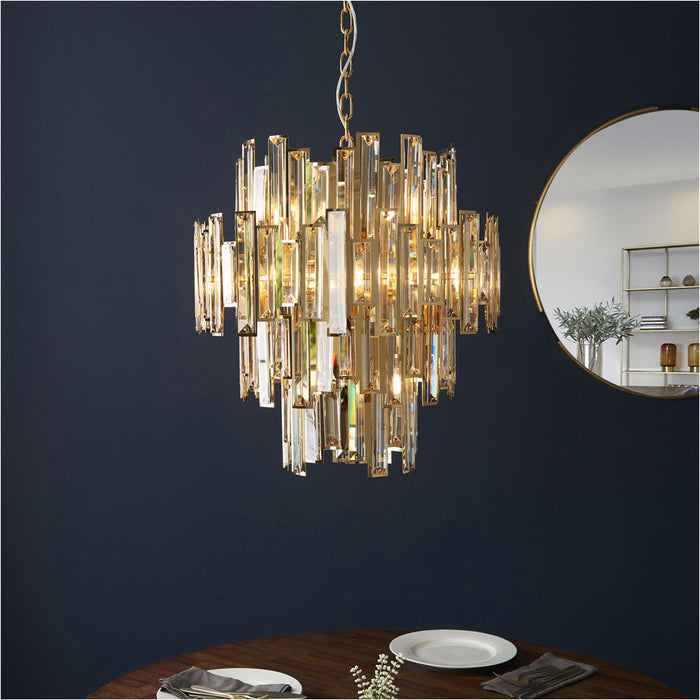 Hanging Ceiling Pendant Light - Gold Effect Plate & Champagne Crystal - 12 X 6W LED E14