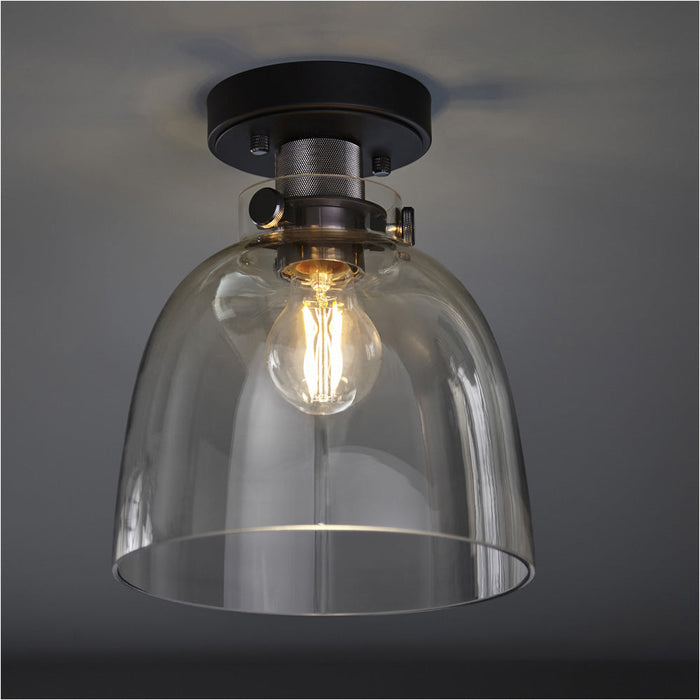 Semi Flush Low Ceiling Pendant & 2x Matching Wall Lights - Matt Black Frame Smoked Grey Tinted Glass Shade - Dimmable Set