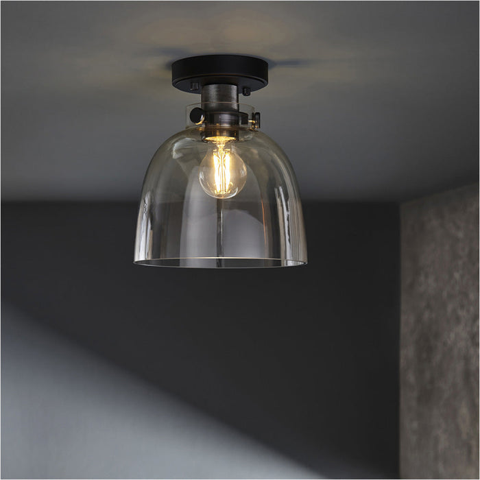 Semi Flush Low Ceiling Light - Smokey grey tinted glass & black chrome plate - 10W Max LED E27