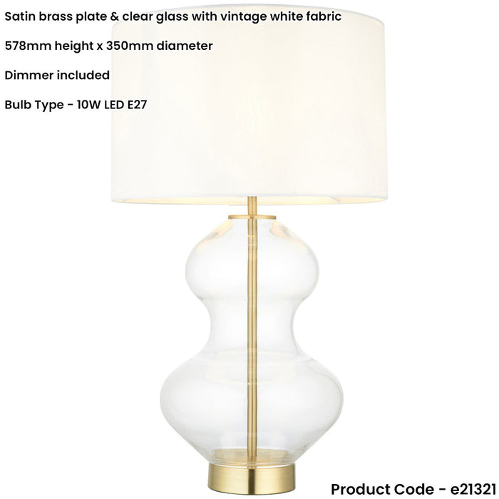 Satin Brass Plate Table Lamp - Clear Glass With Vintage White Fabric Shade - Touch Dimmable