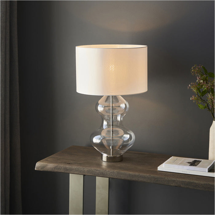 Satin Brass Plate Table Lamp - Clear Glass With Vintage White Fabric Shade - Touch Dimmable