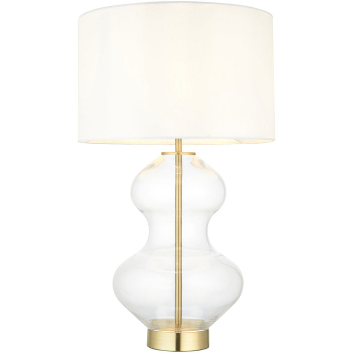 Satin Brass Plate Table Lamp - Clear Glass With Vintage White Fabric Shade - Touch Dimmable