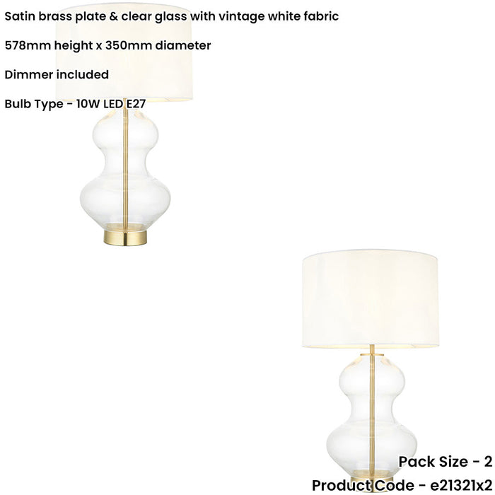 2 PACK Satin Brass Plate Table Lamp - Clear Glass With Vintage White Fabric Shade - Touch Dimmable