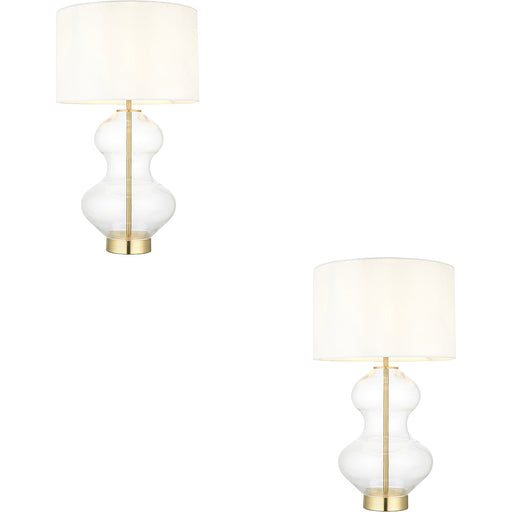 2 PACK Satin Brass Plate Table Lamp - Clear Glass With Vintage White Fabric Shade - Touch Dimmable