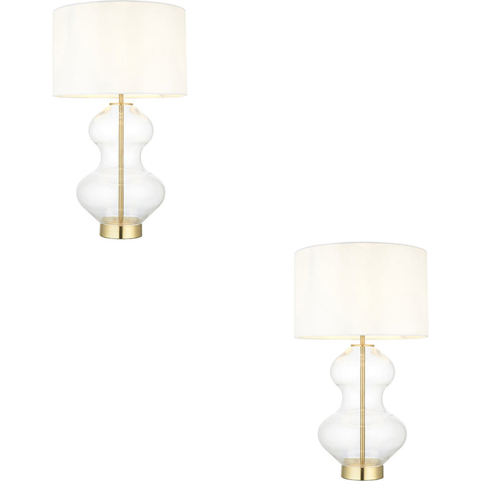 2 PACK Satin Brass Plate Table Lamp - Clear Glass With Vintage White Fabric Shade - Touch Dimmable