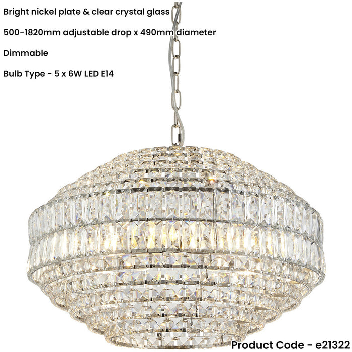 Multi Arm Hanging Ceiling Pendant Light - Bright Nickel Plate & Clear Crystal Glass Shade - 5 x 6W LED E14