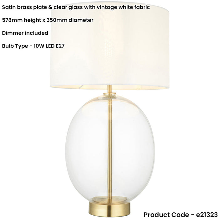 Satin Brass Plate Table Lamp - Rounded Clear Glass With Vintage White Fabric Shade - Touch Dimmable