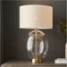 Satin Brass Plate Table Lamp - Rounded Clear Glass With Vintage White Fabric Shade - Touch Dimmable