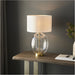 Satin Brass Plate Table Lamp - Rounded Clear Glass With Vintage White Fabric Shade - Touch Dimmable