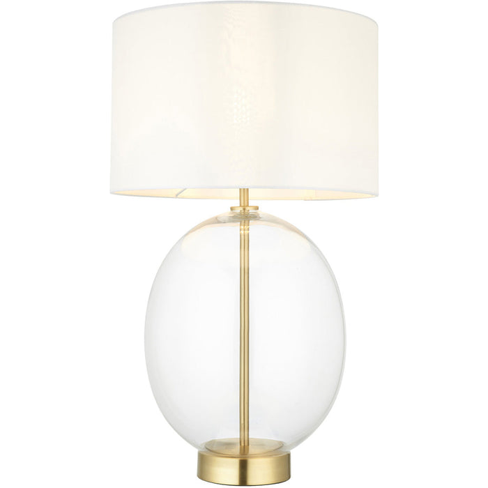 Satin Brass Plate Table Lamp - Rounded Clear Glass With Vintage White Fabric Shade - Touch Dimmable