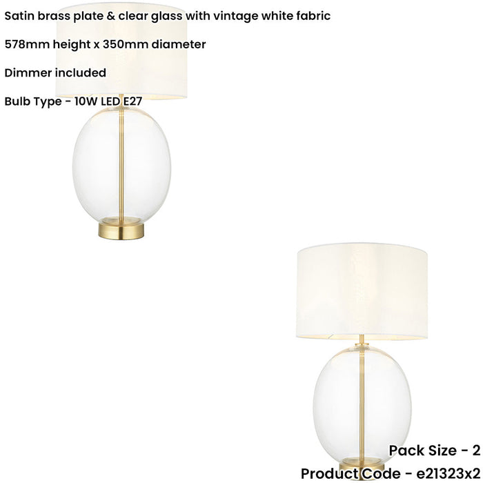 2 PACK Satin Brass Plate Table Lamp - Rounded Clear Glass With Vintage White Fabric Shade - Touch Dimmable