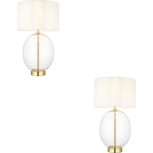 2 PACK Satin Brass Plate Table Lamp - Rounded Clear Glass With Vintage White Fabric Shade - Touch Dimmable