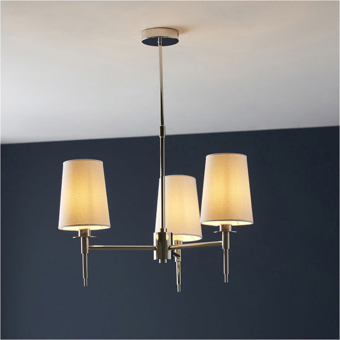 Multi Arm Hanging Ceiling Pendant Light - Bright Nickel Plate & Vintage White Fabric Shade - 3 x 6W LED E14