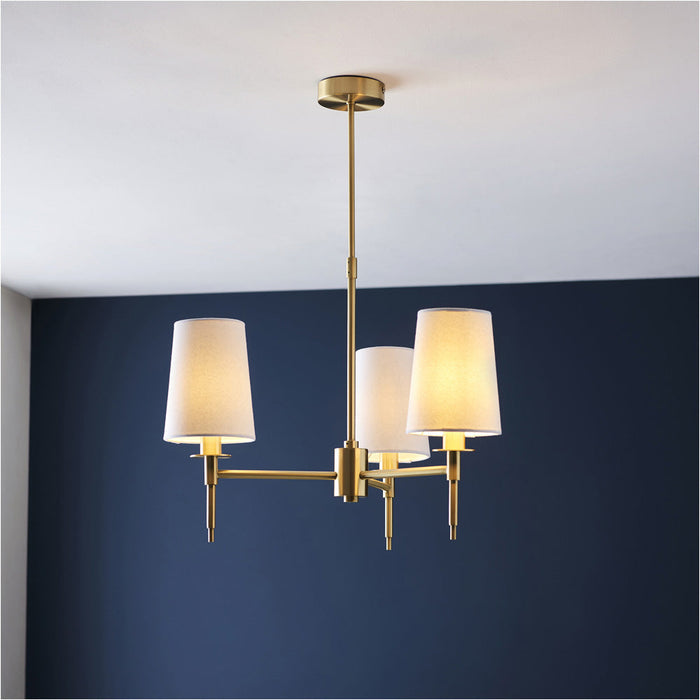 Multi Arm Hanging Ceiling Pendant Light - Satin Brass Plate & Vintage White Fabric Shade - 3 x 6W LED E14