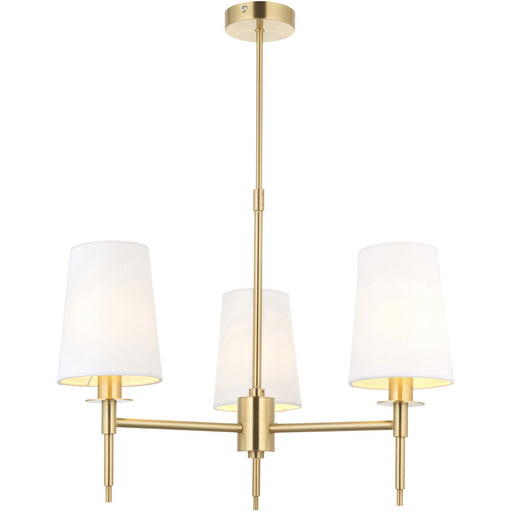 Multi Arm Hanging Ceiling Pendant Light - Satin Brass Plate & Vintage White Fabric Shade - 3 x 6W LED E14