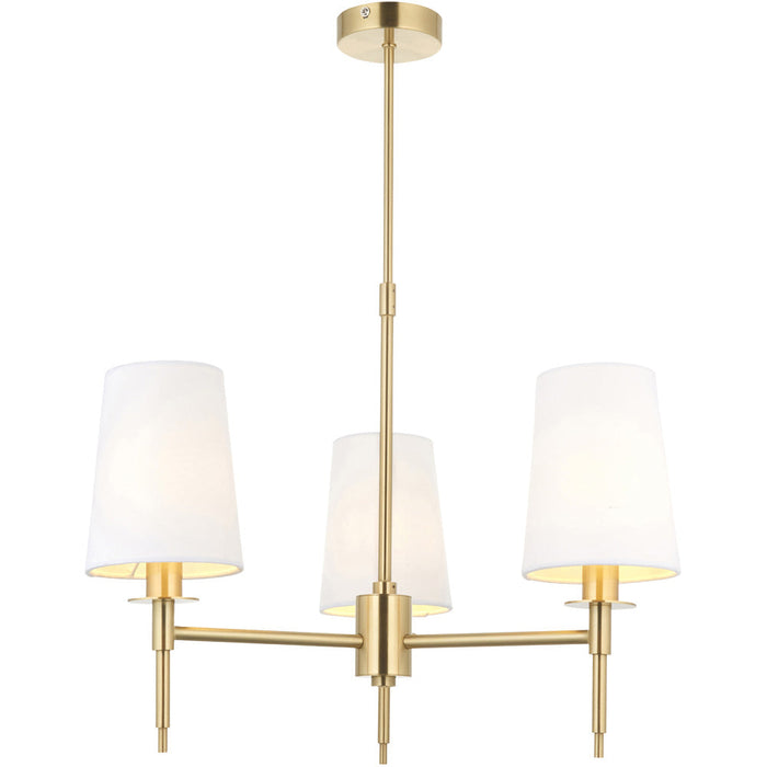 Multi Arm Hanging Ceiling Pendant Light - Satin Brass Plate & Vintage White Fabric Shade - 3 x 6W LED E14