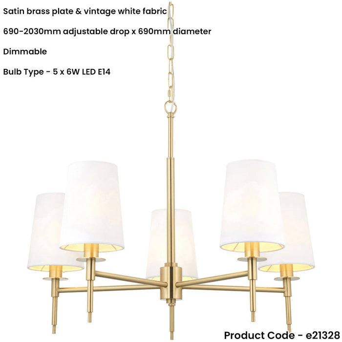 Multi Arm Hanging Ceiling Pendant Light - Satin Brass Plate & Vintage White Fabric Shade - 5 x 6W LED E14