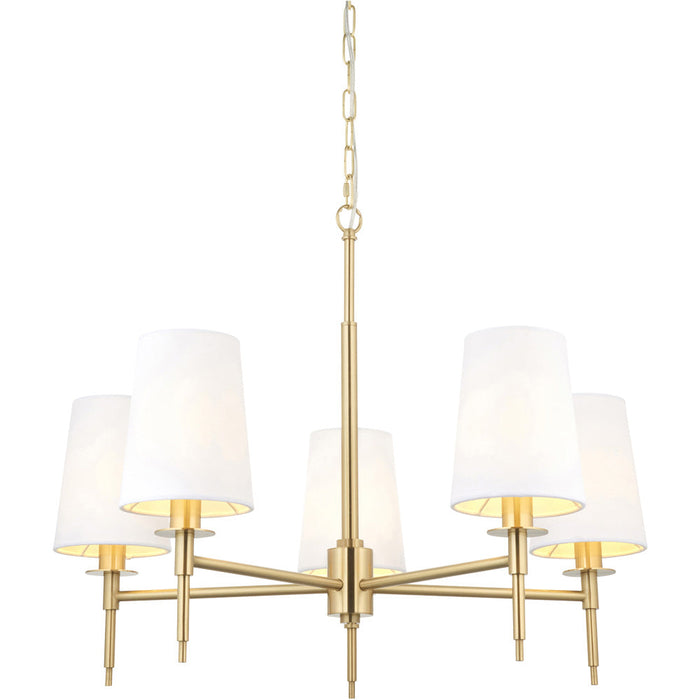 Multi Arm Hanging Ceiling Pendant Light - Satin Brass Plate & Vintage White Fabric Shade - 5 x 6W LED E14