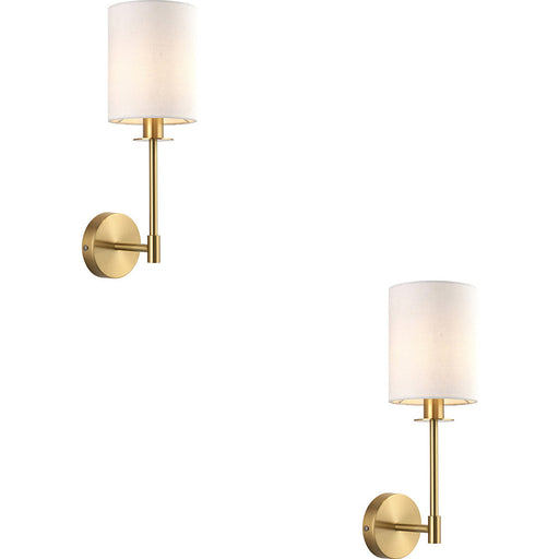 2 PACK Satin Brass Dimmable Wall Light - Modern Vintage White Cylinder Shade - 6W LED E14