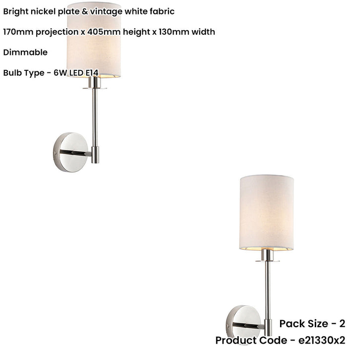 2 PACK Polished Nickel Dimmable Wall Light - Modern Vintage White Cylinder Shade - 6W LED E14