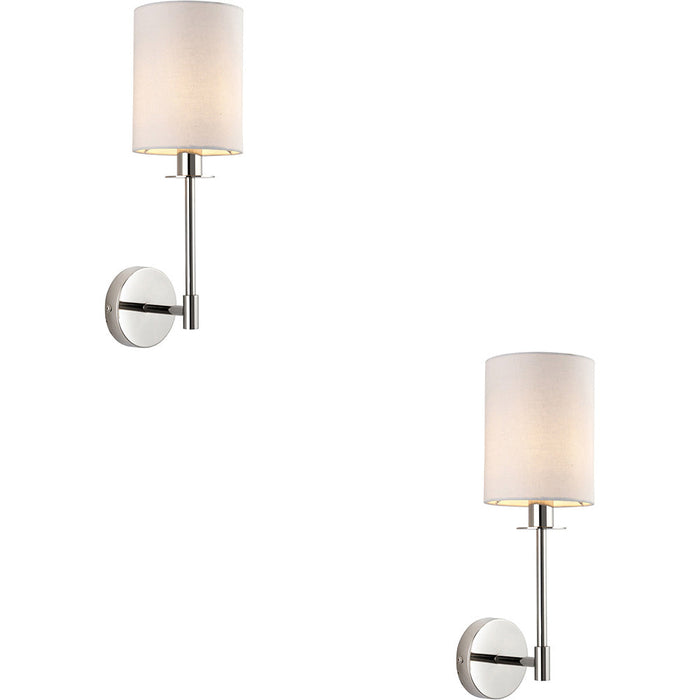 2 PACK Polished Nickel Dimmable Wall Light - Modern Vintage White Cylinder Shade - 6W LED E14