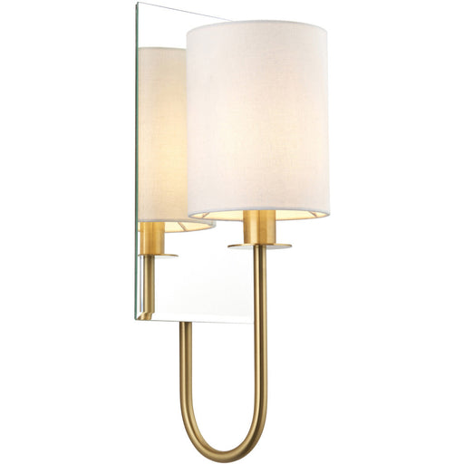 Satin Brass Dimmable Wall Light - Vintage White Shade - Bevelled Edge Mirrored Back Plate