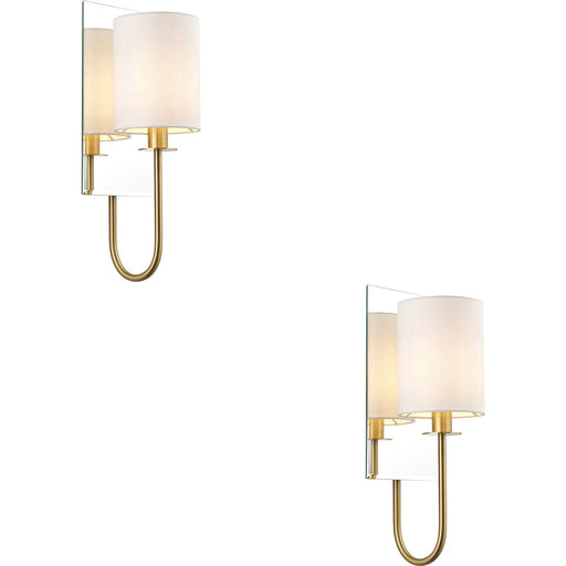 2 PACK Satin Brass Dimmable Wall Light - Vintage White Shade - Bevelled Edge Mirrored Back Plate