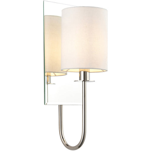 Bright Nickel Dimmable Wall Light - Vintage White Shade - Bevelled Edge Mirrored Back Plate