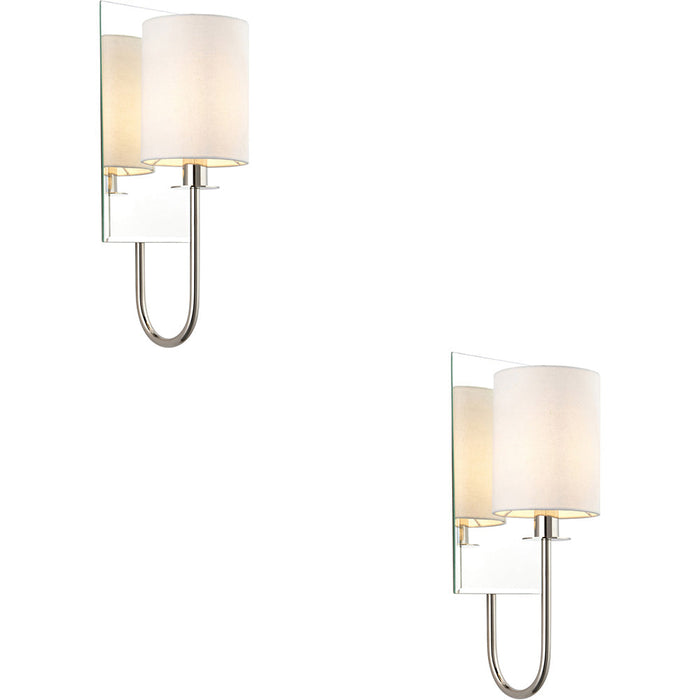 2 PACK Bright Nickel Dimmable Wall Light - Vintage White Shade - Bevelled Edge Mirrored Back Plate