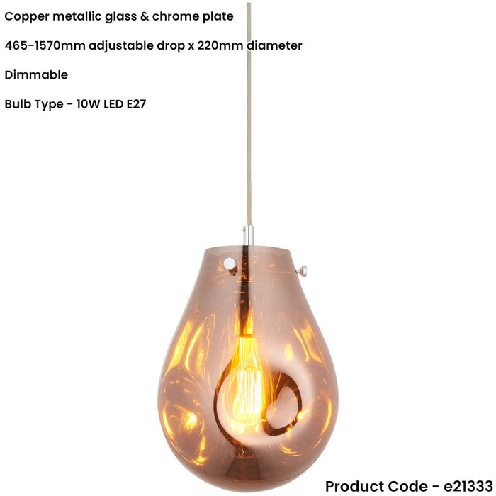 Hanging Ceiling Pendant Light - Copper Metallic Glass & Chrome Plate - 10W LED E27